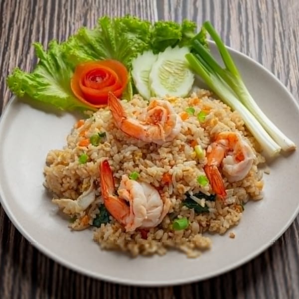 Thai shrimp fried rice with lettuce, cucumber, green onions, and a carrot flower garnish.